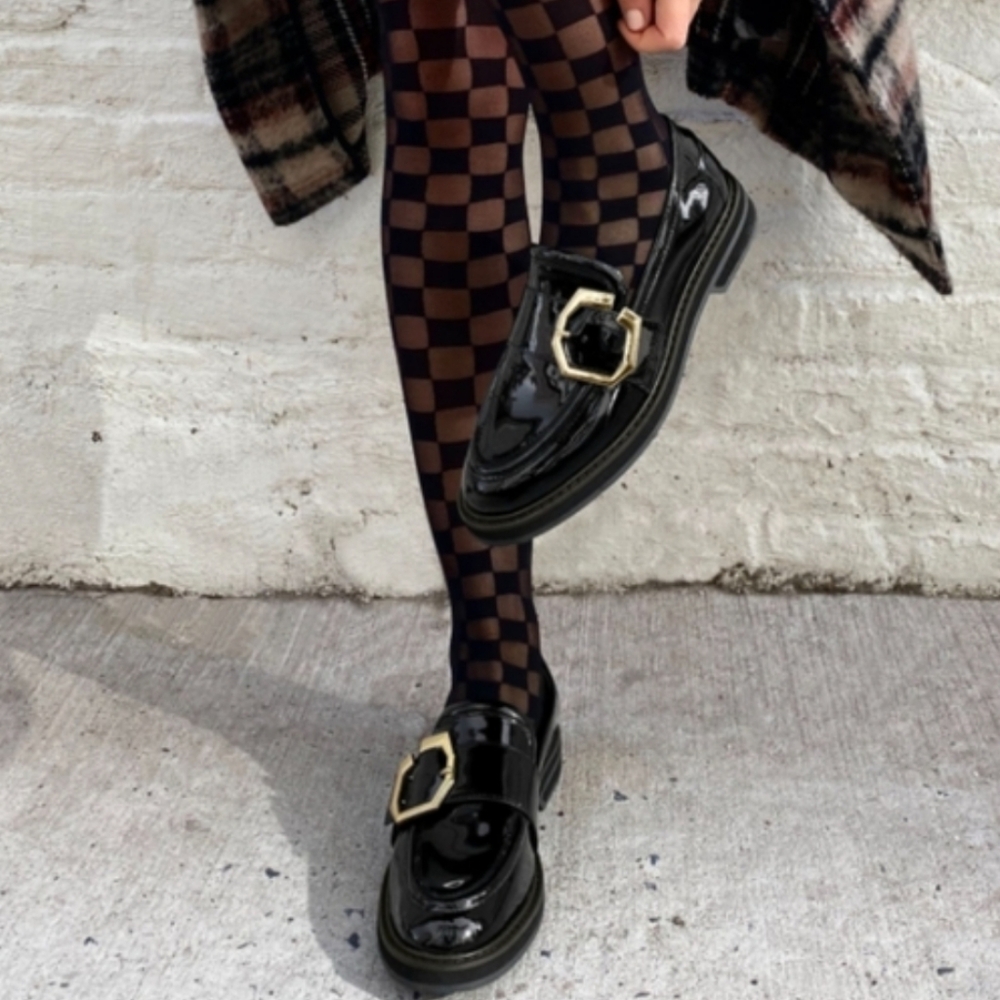 Louise et Cie Black Patent Loafers with Gold Buckles